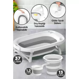 Arsimo Katlanır 3’lü Bebek Çocuk Yıkama Küvet – Kova – Maşrapa Seti Büyük Boy | Duş Başlığı Takılabilir Tıpalı Akordiyon Set