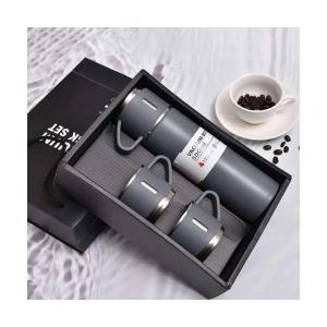 Flyon Paslanmaz Çelik Termos Sızdırmaz 3 Bardaklı Termos Seti 12 Saat Sıcak-Soğuk 500 ml Özel Kutulu Gri