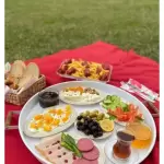 2’li Ahşap Kulplu 51 cm Metal Tepsi ve 37 cm Beyaz Tepsi Çay Kahve Sunum Tepsisi