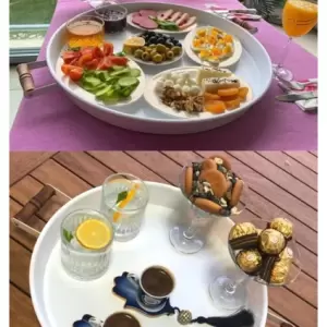 2’li Ahşap Kulplu 51 cm Metal Tepsi ve 37 cm Beyaz Tepsi Çay Kahve Sunum Tepsisi